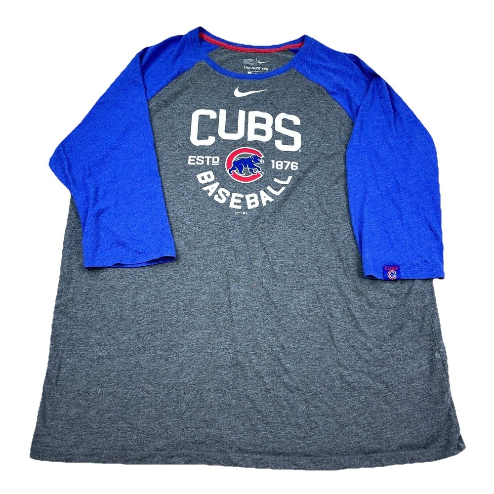 Chicago Cubs Shirt Men XL Gray Blue Nike Tee Center Swoosh Raglan Half Sleeve